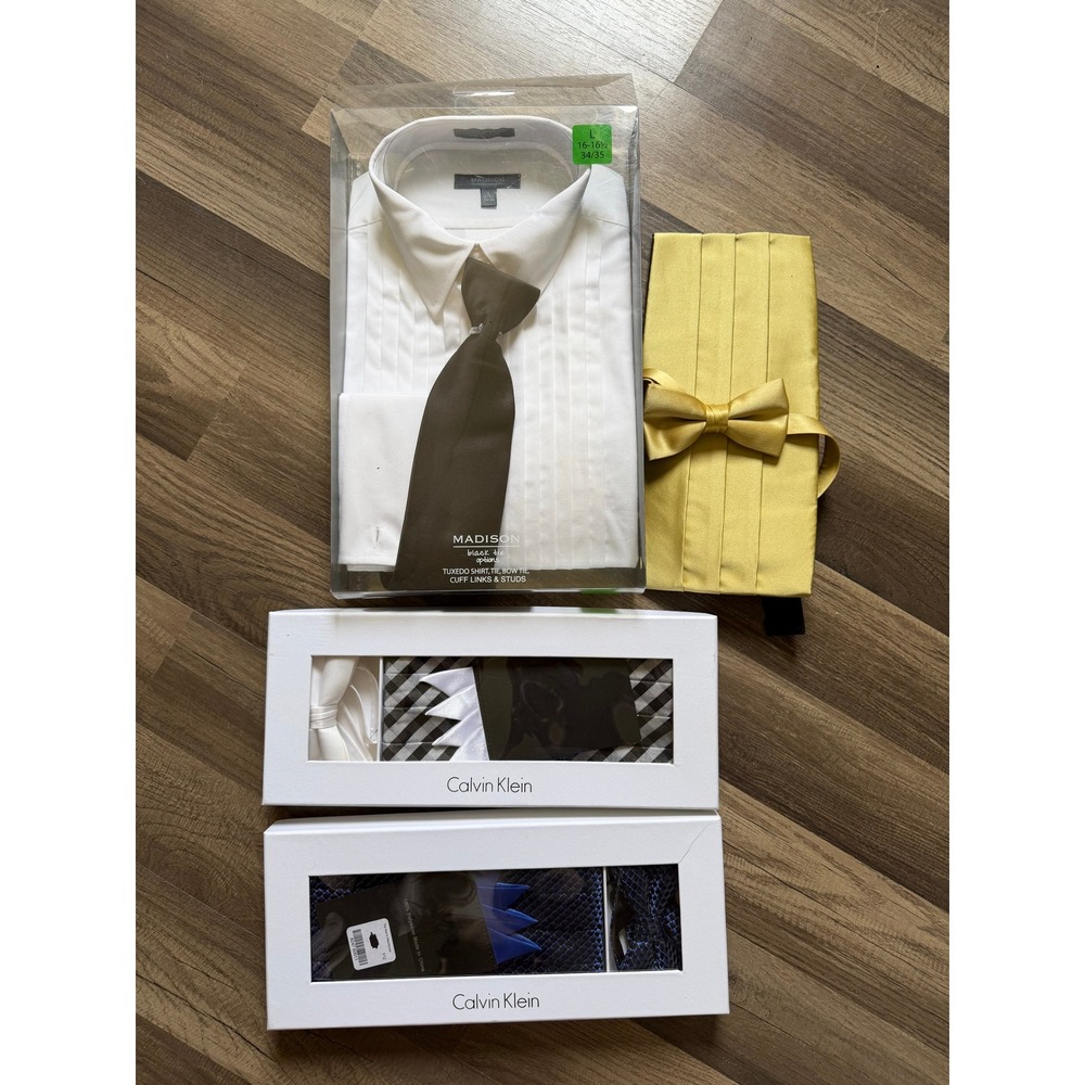 Madison/Calvin Klein Tuxedo Shirt Accessories Set L 16.5 White Gold NEW Bundle